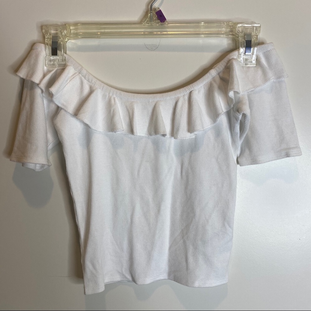 White cropped ruffle off the shoulder top